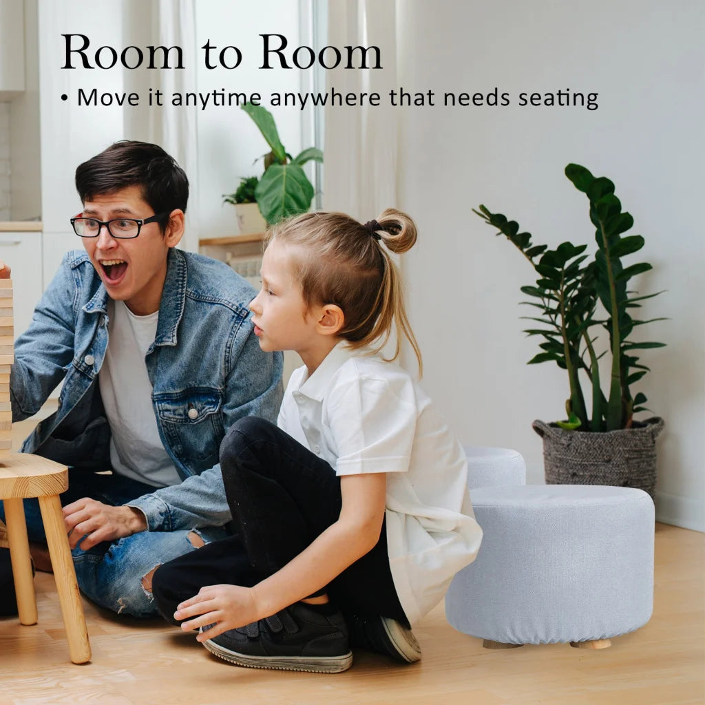 Ottoman Foot Stool Round Wooden Leg Fabric Set of 2 - Light