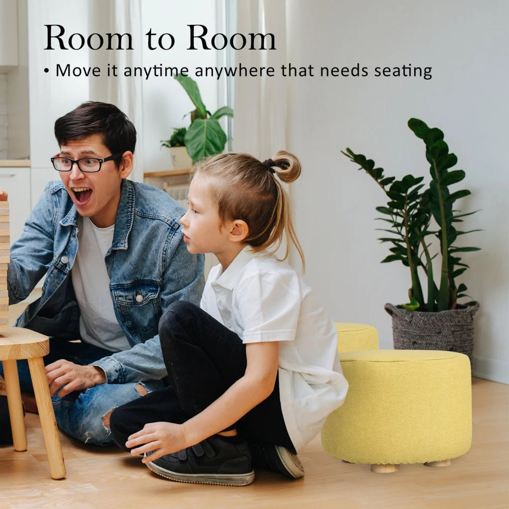 Ottoman Foot Stool Round Wooden Leg Fabric Set of 2