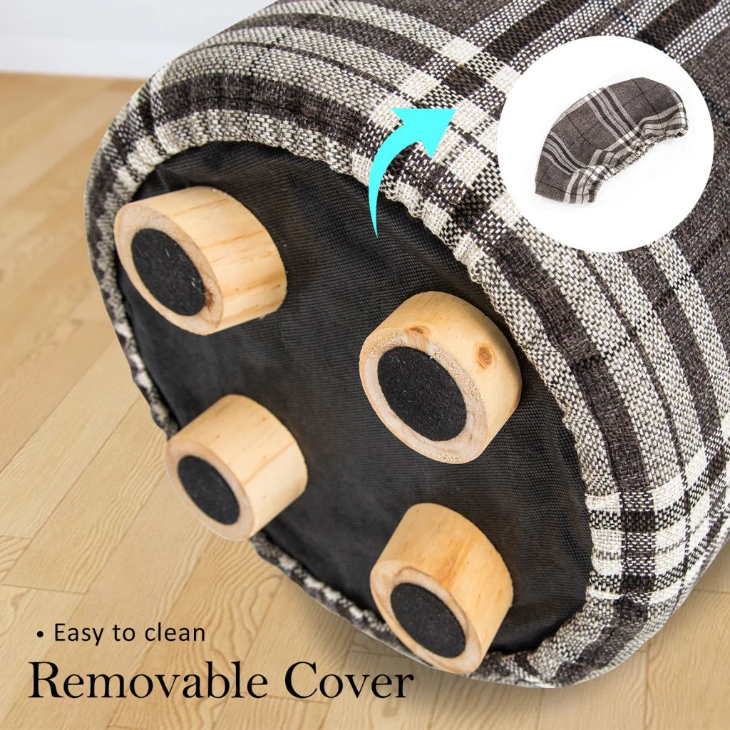 Ottoman Foot Stool Round Wooden Leg Lattice Fabric