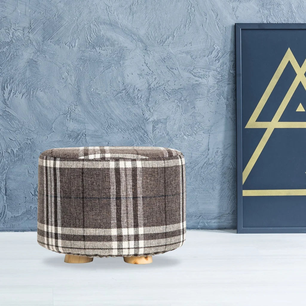 Ottoman Foot Stool Round Wooden Leg Lattice Fabric