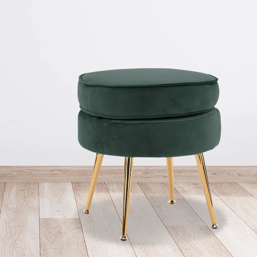 Ottoman Foot Stool Velvet Fabric Metal Leg Round - Green