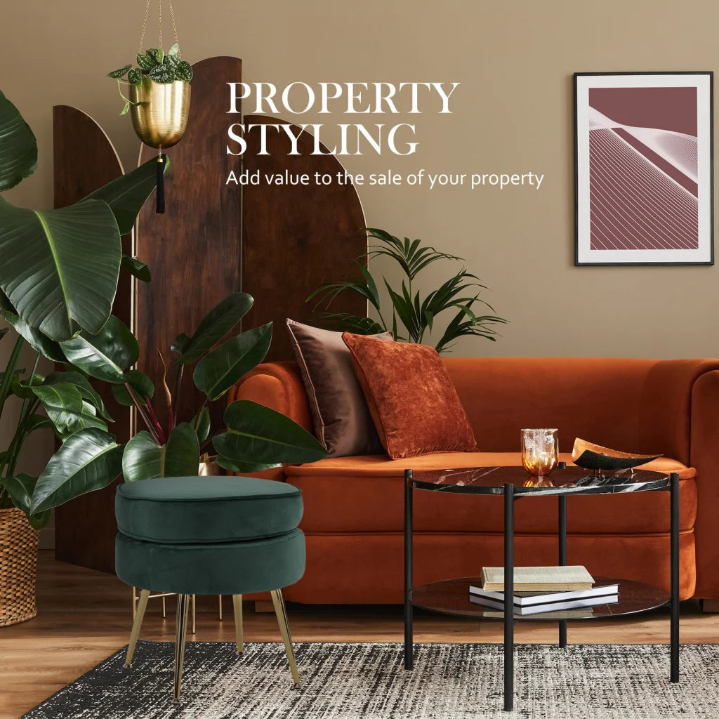 Ottoman Foot Stool Velvet Fabric Metal Leg Round - Green