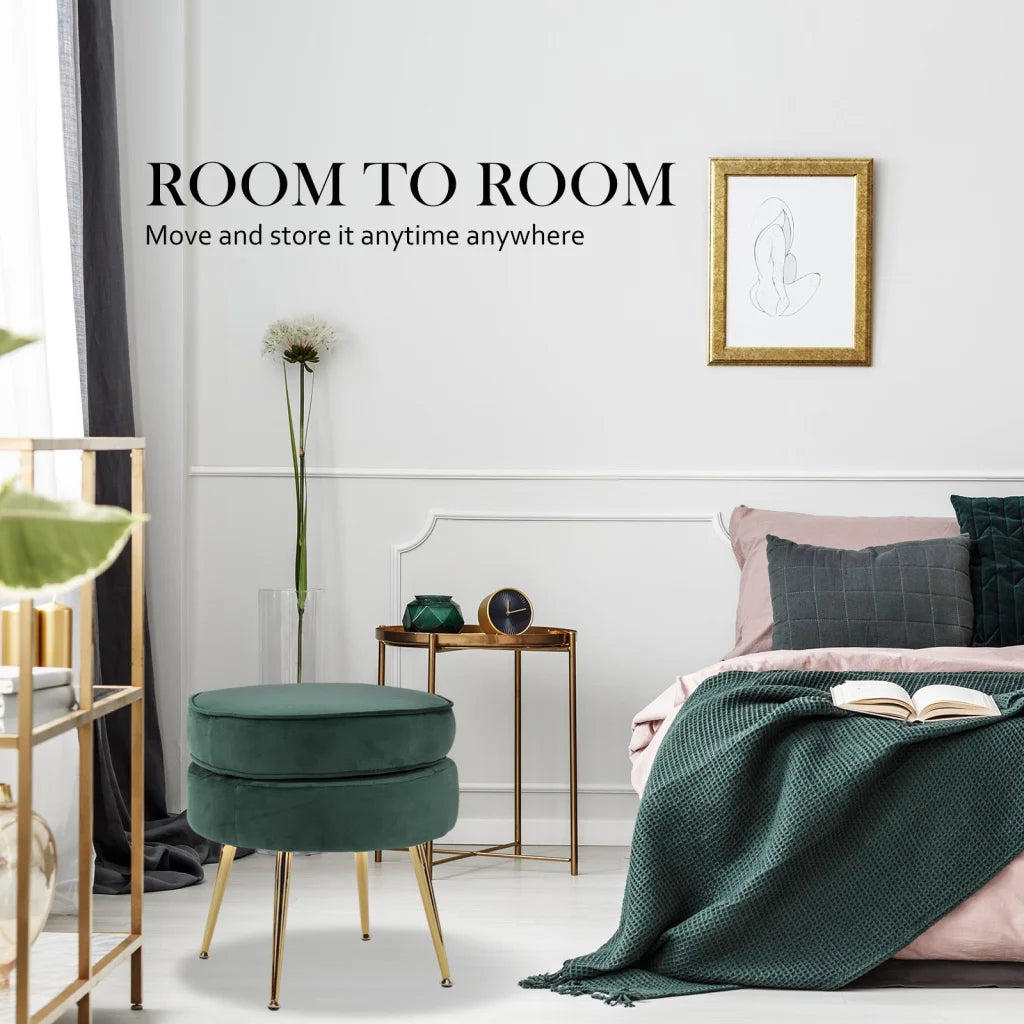 Ottoman Foot Stool Velvet Fabric Metal Leg Round - Green