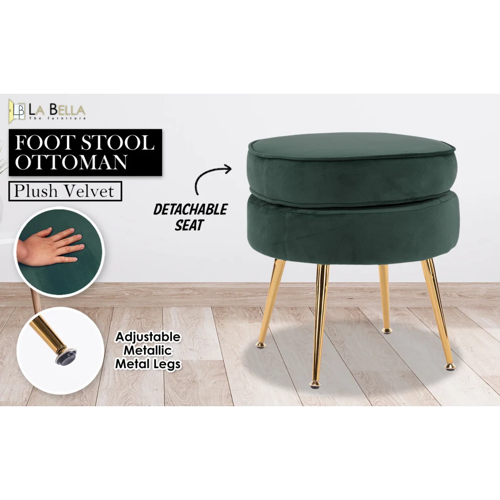 Ottoman Foot Stool Velvet Fabric Metal Leg Round - Green