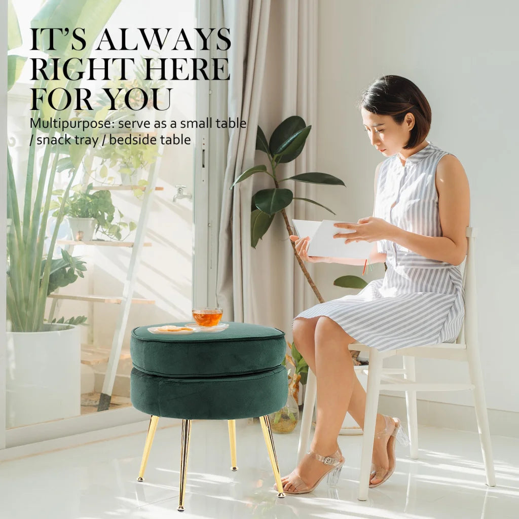 Ottoman Foot Stool Velvet Fabric Metal Leg Round - Green