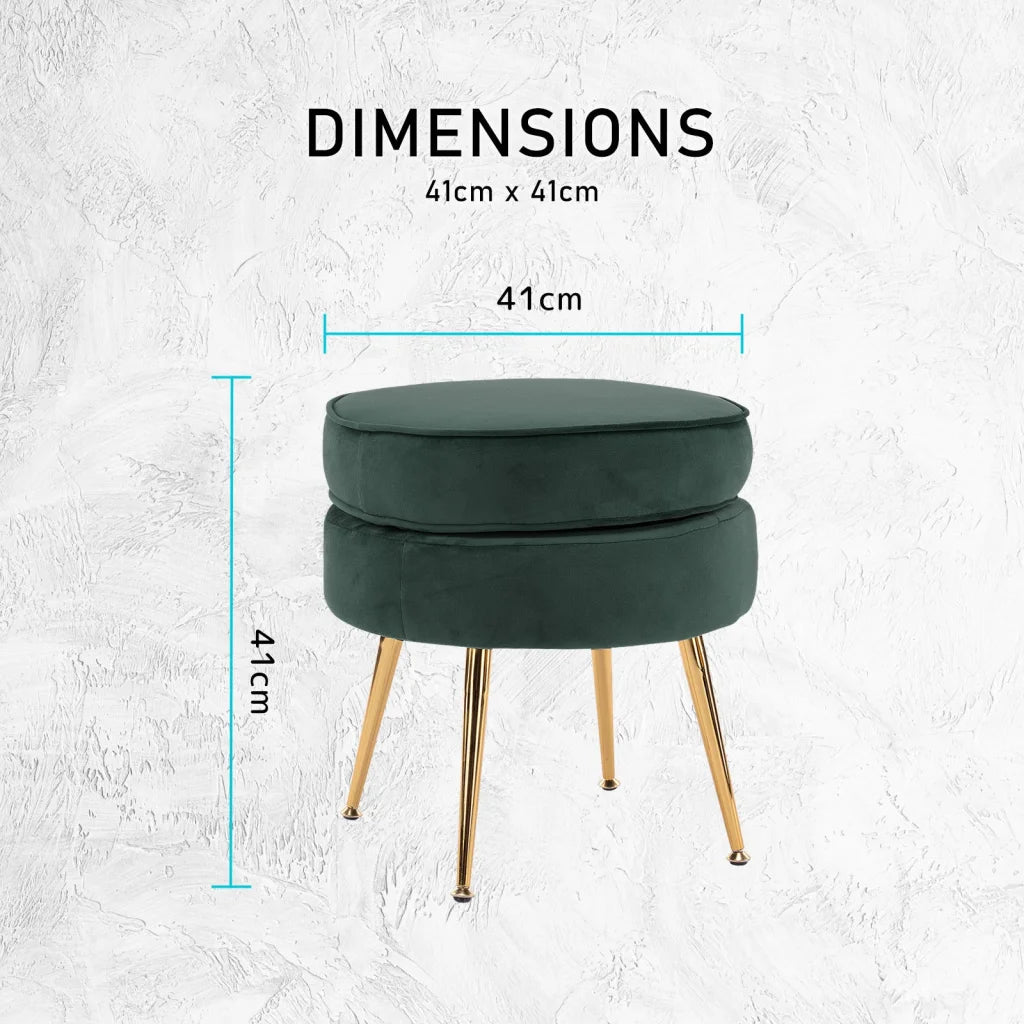 Ottoman Foot Stool Velvet Fabric Metal Leg Round - Green