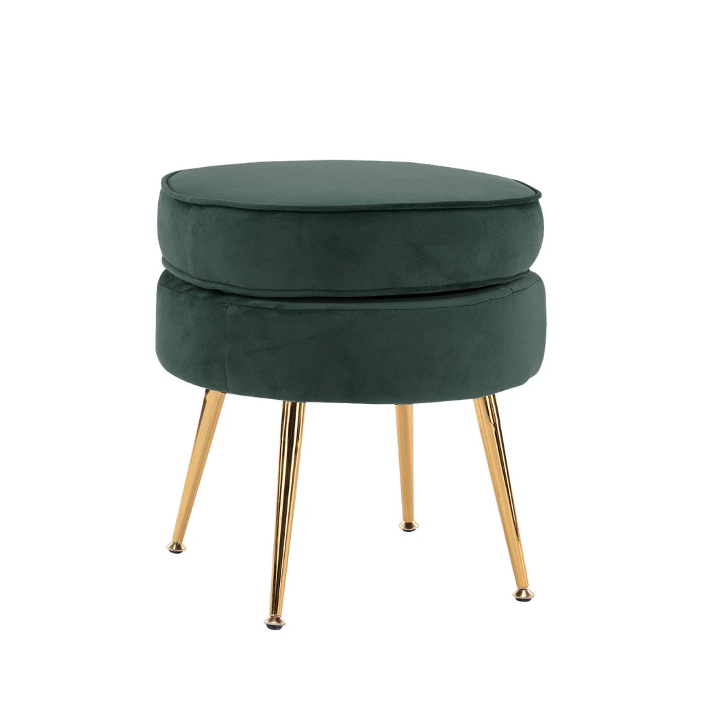 Ottoman Foot Stool Velvet Fabric Metal Leg Round - Green