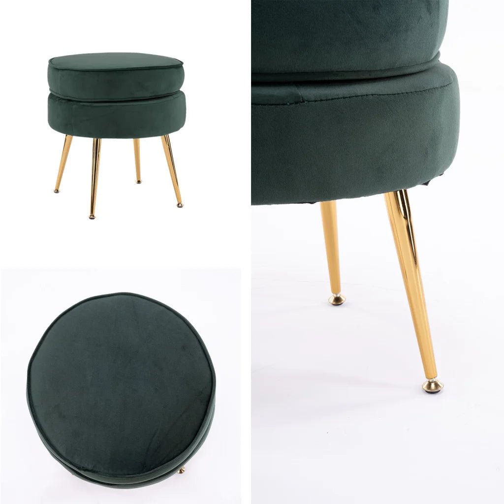 Ottoman Foot Stool Velvet Fabric Metal Leg Round - Green