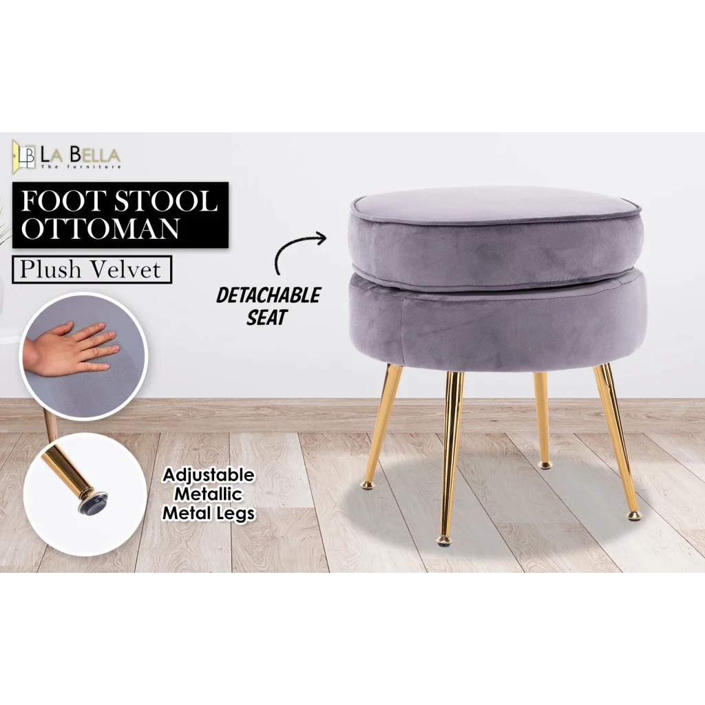 Ottoman Foot Stool Velvet Fabric Metal Leg Round - Grey