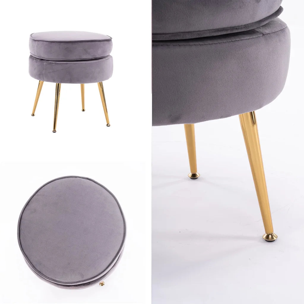 Ottoman Foot Stool Velvet Fabric Metal Leg Round - Grey
