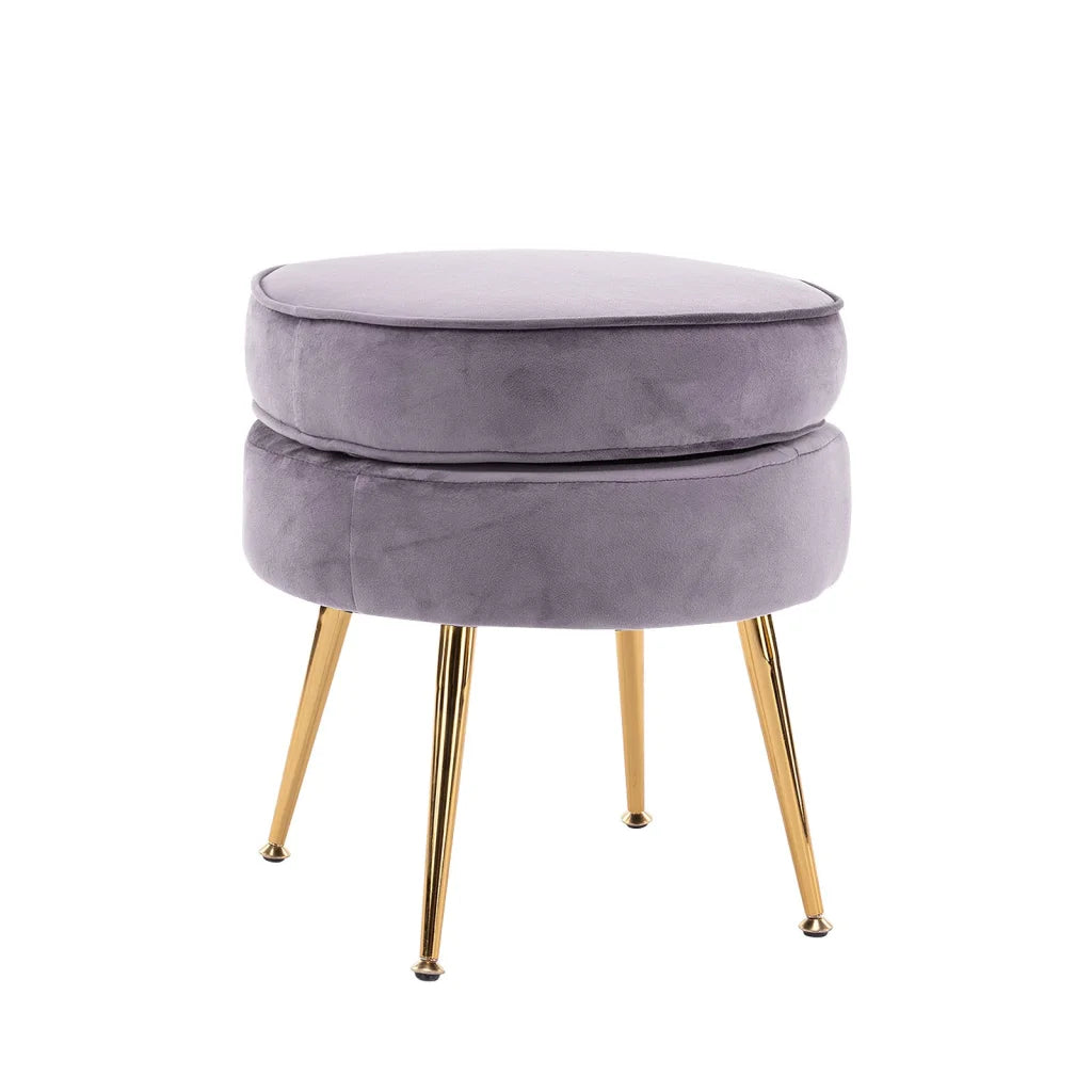 Ottoman Foot Stool Velvet Fabric Metal Leg Round - Grey