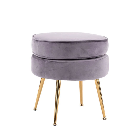 Ottoman Foot Stool Velvet Fabric Metal Leg Round - Grey