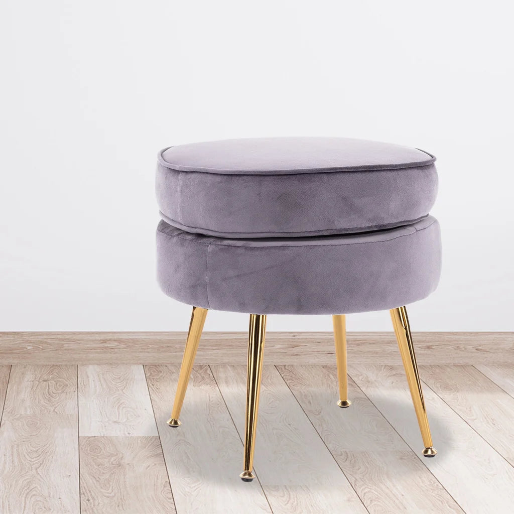 Ottoman Foot Stool Velvet Fabric Metal Leg Round - Grey