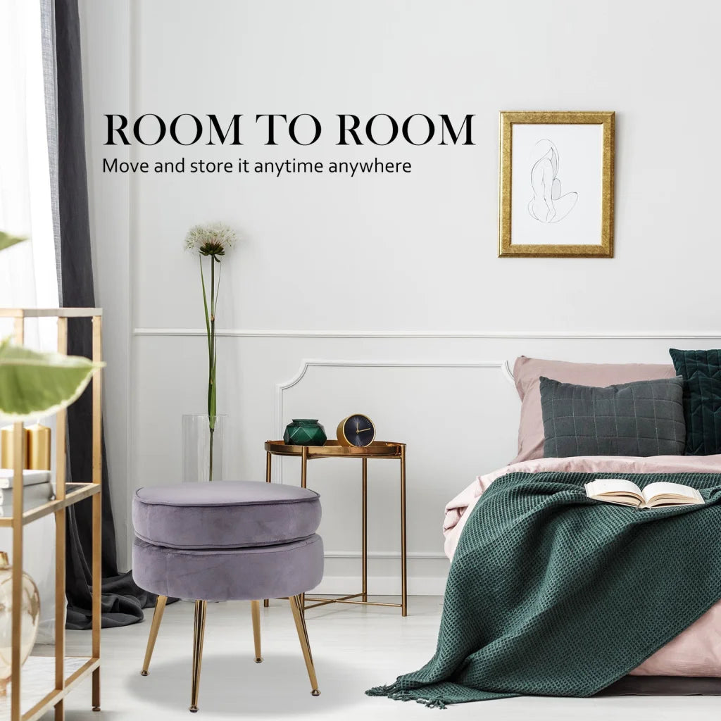 Ottoman Foot Stool Velvet Fabric Metal Leg Round - Grey