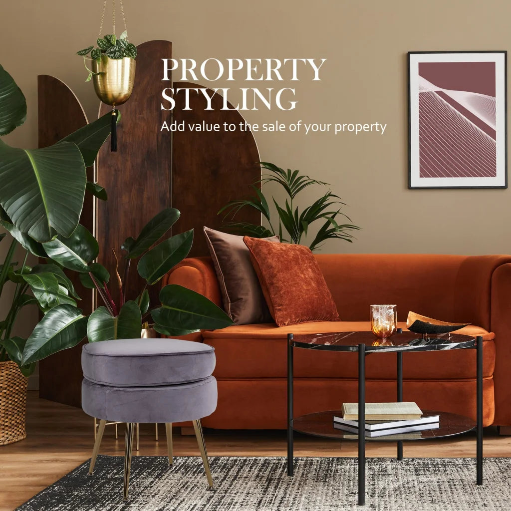 Ottoman Foot Stool Velvet Fabric Metal Leg Round - Grey