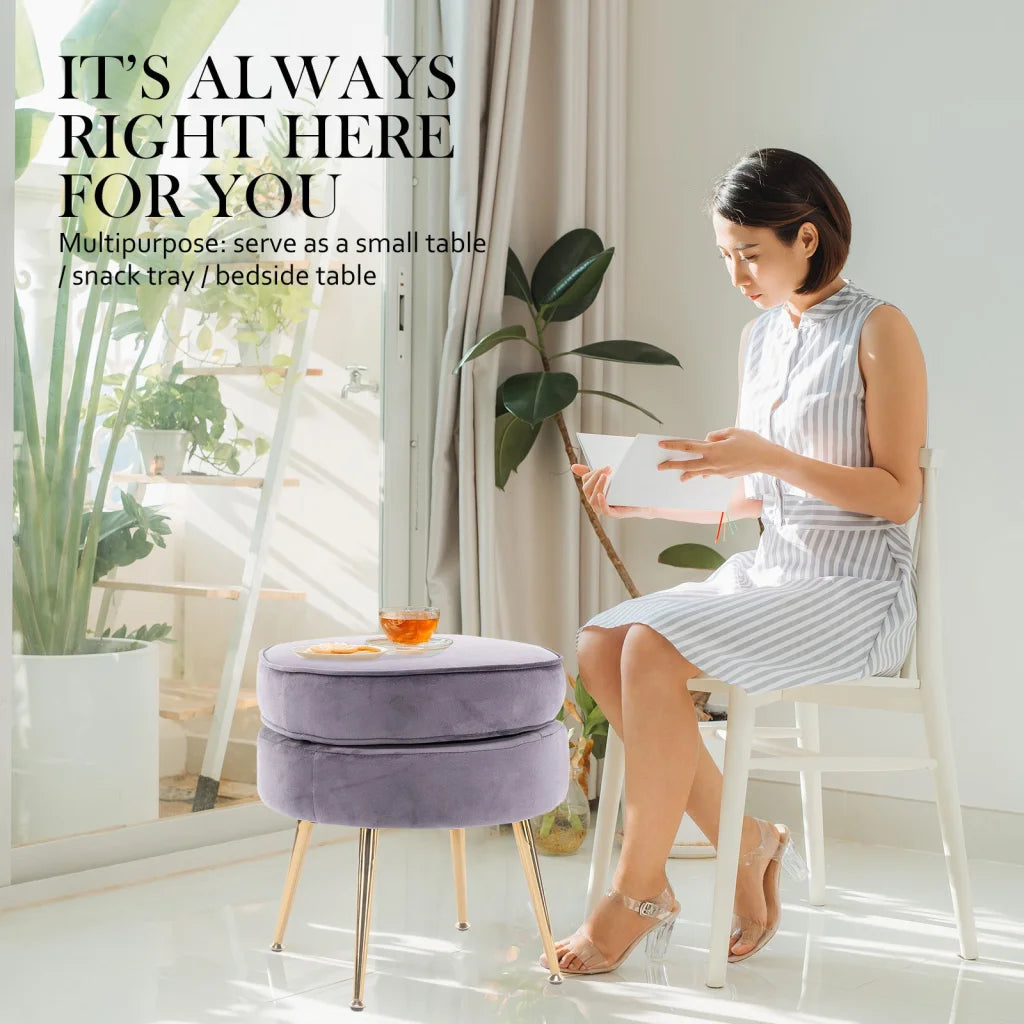 Ottoman Foot Stool Velvet Fabric Metal Leg Round - Grey