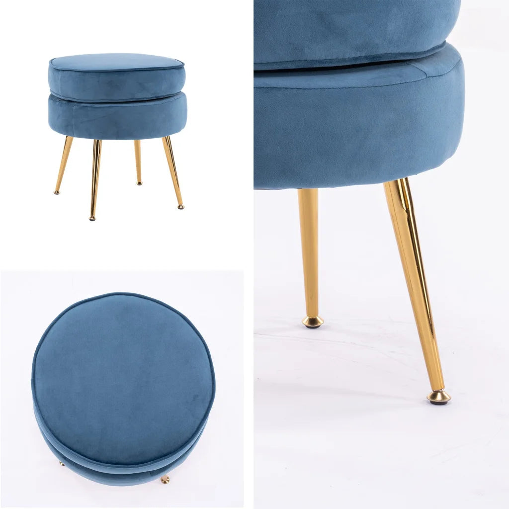 Ottoman Foot Stool Velvet Fabric Metal Leg Round - Navy Blue