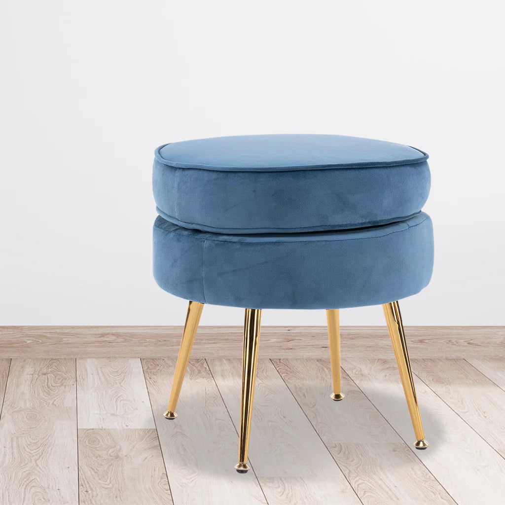 Ottoman Foot Stool Velvet Fabric Metal Leg Round - Navy Blue