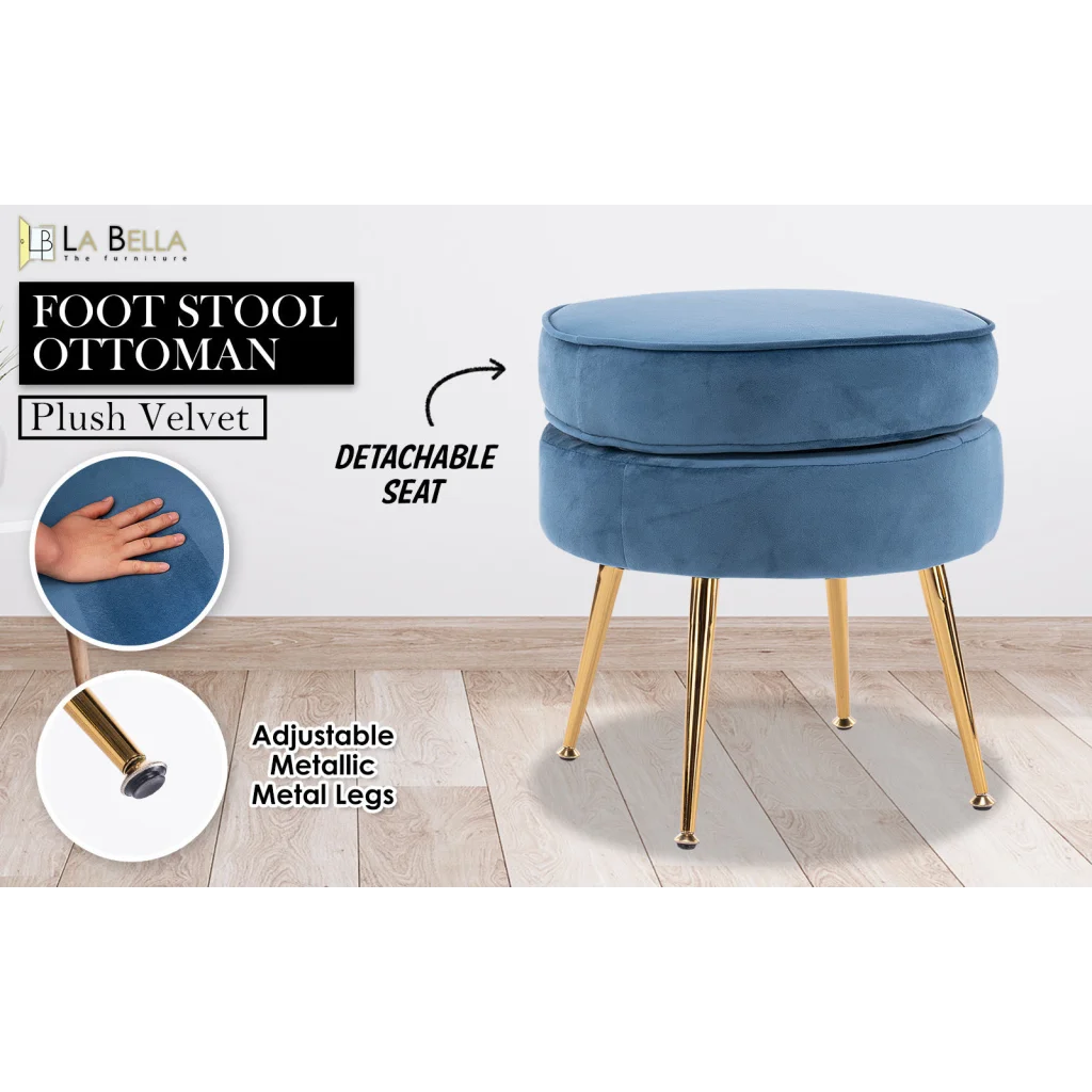 Ottoman Foot Stool Velvet Fabric Metal Leg Round - Navy Blue
