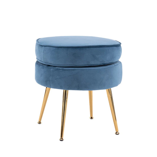 Ottoman Foot Stool Velvet Fabric Metal Leg Round - Navy Blue