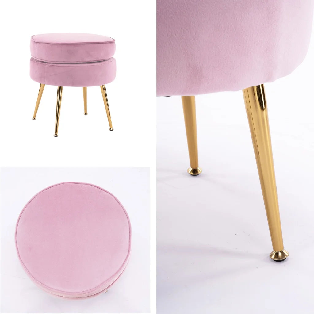 Ottoman Foot Stool Velvet Fabric Metal Leg Round - Pink