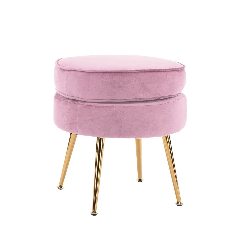 Ottoman Foot Stool Velvet Fabric Metal Leg Round - Pink
