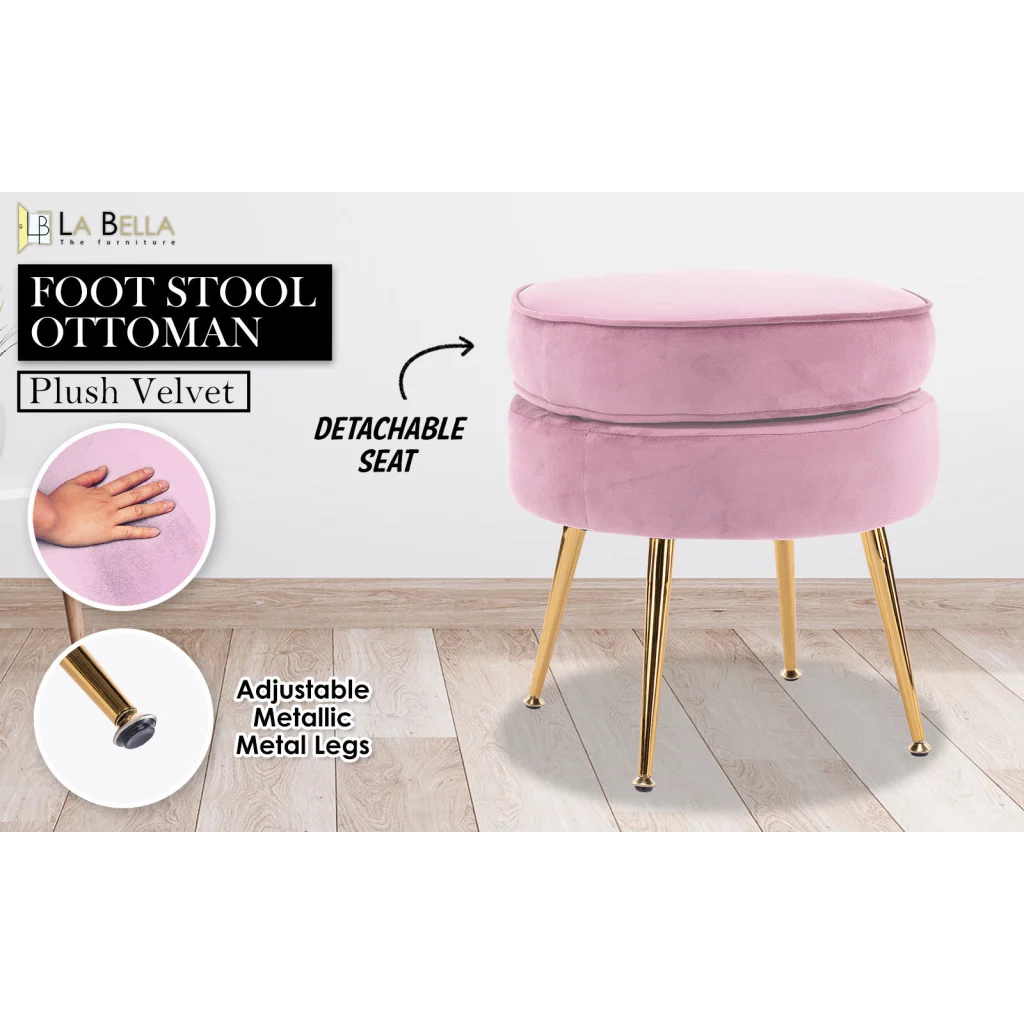Ottoman Foot Stool Velvet Fabric Metal Leg Round - Pink