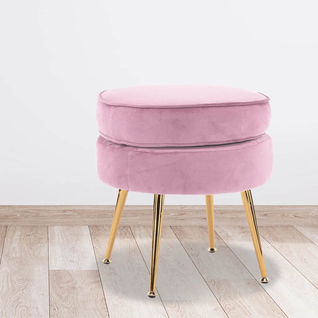 Ottoman Foot Stool Velvet Fabric Metal Leg Round - Pink