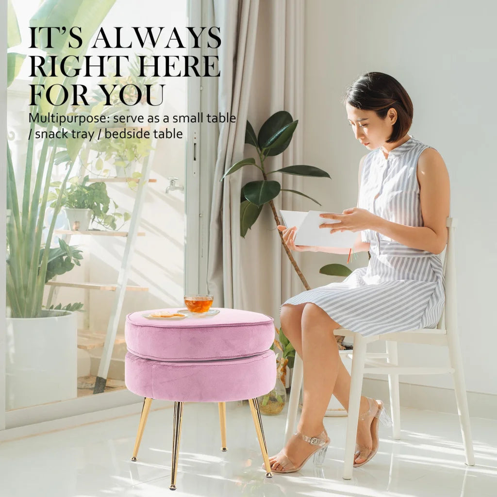 Ottoman Foot Stool Velvet Fabric Metal Leg Round - Pink