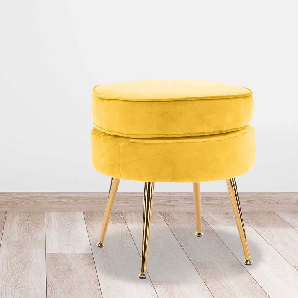 Ottoman Foot Stool Velvet Fabric Metal Leg Round - Yellow