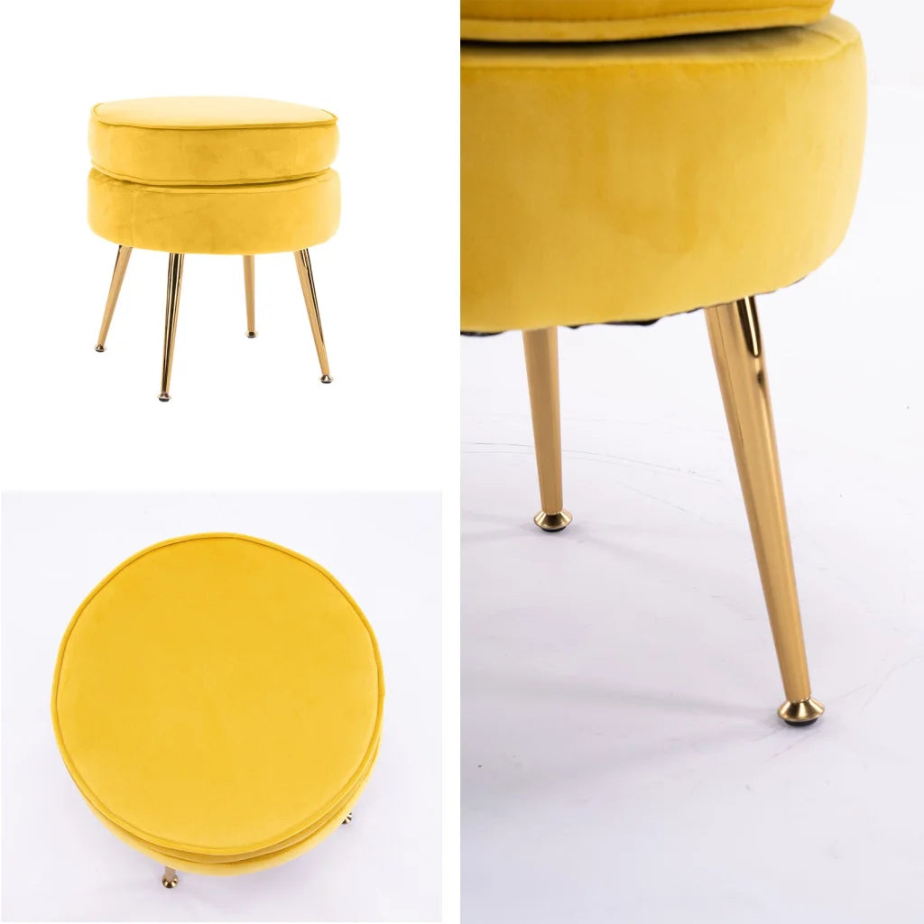 Ottoman Foot Stool Velvet Fabric Metal Leg Round - Yellow