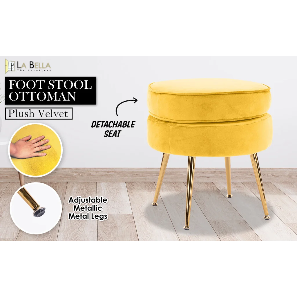 Ottoman Foot Stool Velvet Fabric Metal Leg Round - Yellow