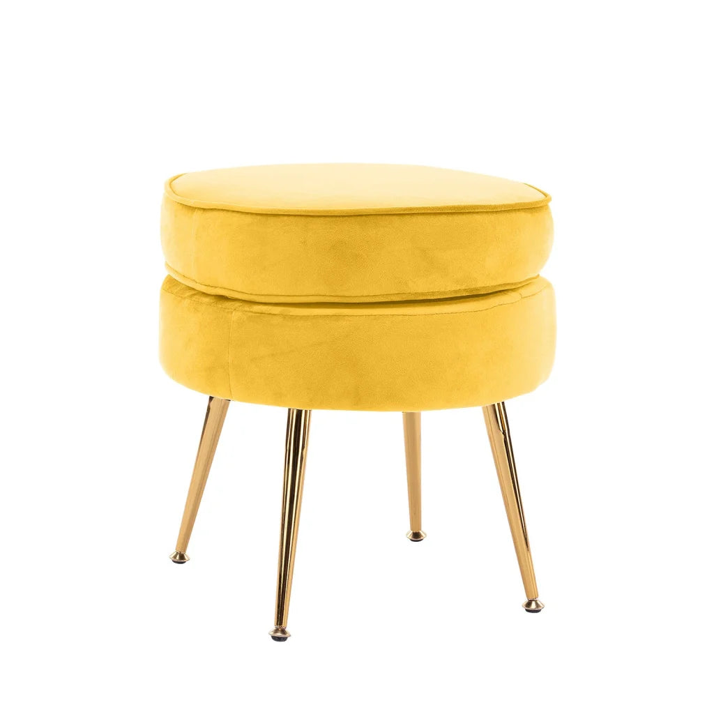 Ottoman Foot Stool Velvet Fabric Metal Leg Round - Yellow