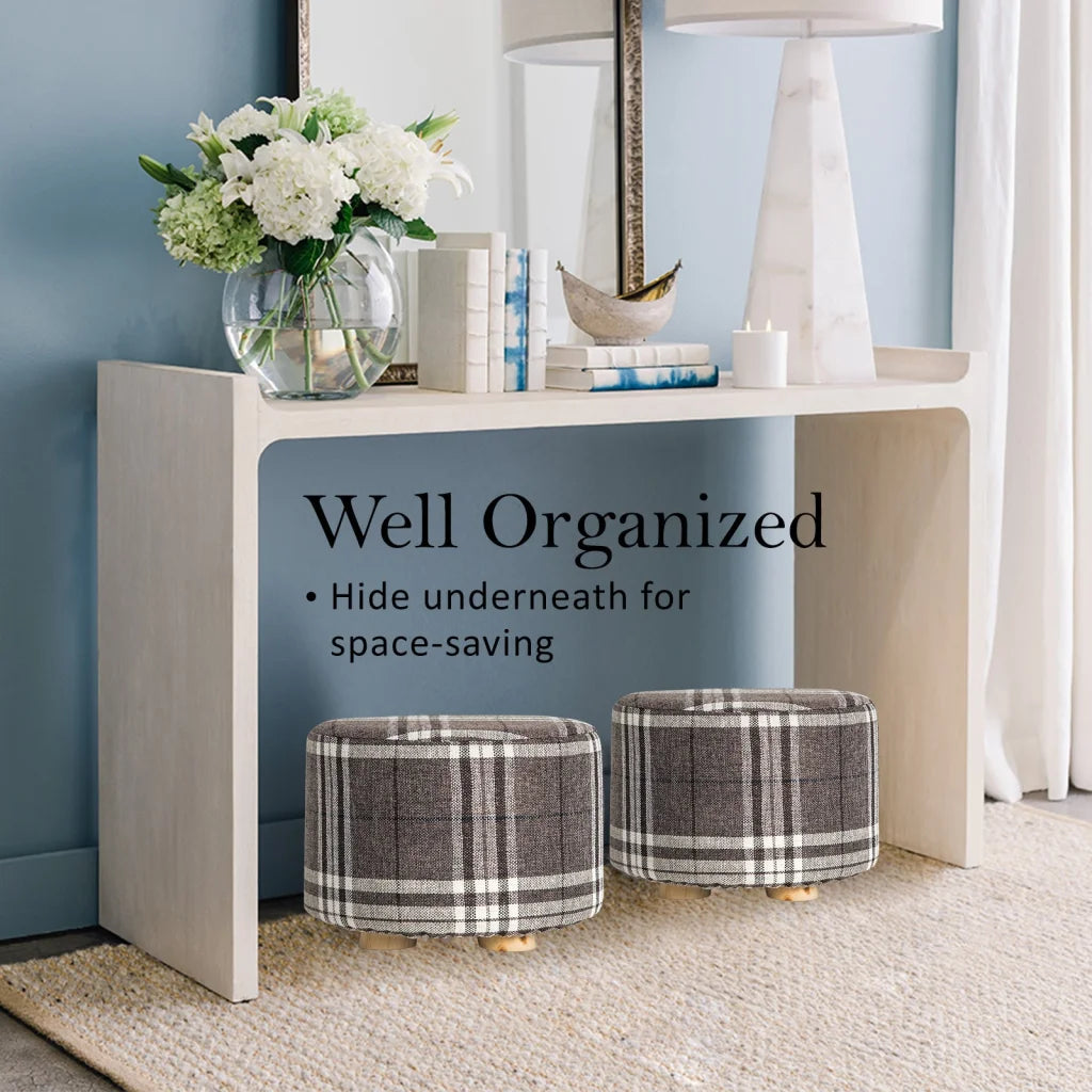 Ottoman Round Wooden Leg Foot Stool Lattice Fabric Set of 2