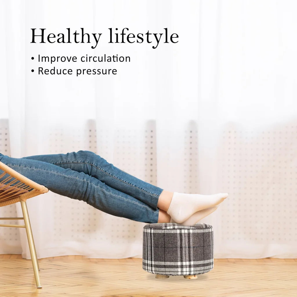 Ottoman Round Wooden Leg Foot Stool Lattice Fabric Set of 2