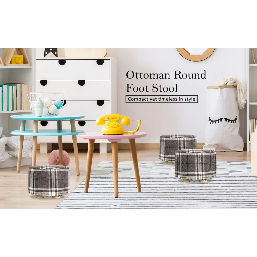 Ottoman Round Wooden Leg Foot Stool Lattice Fabric Set of 2