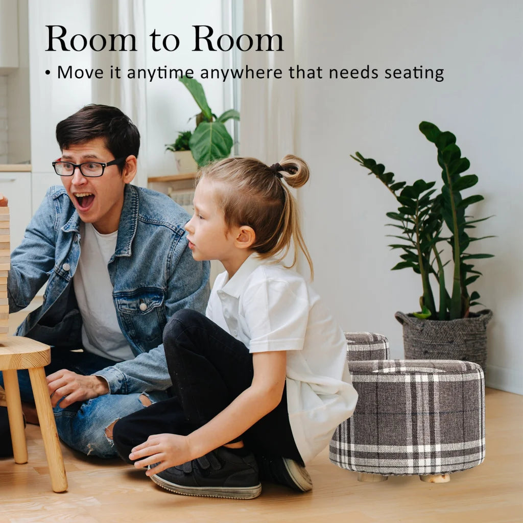 Ottoman Round Wooden Leg Foot Stool Lattice Fabric Set of 2