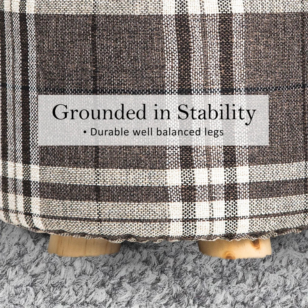 Ottoman Round Wooden Leg Foot Stool Lattice Fabric Set of 2