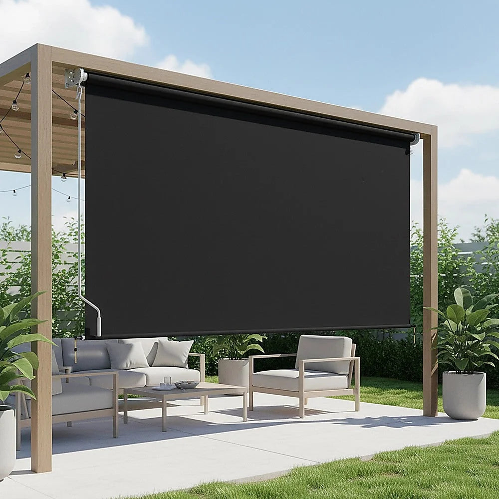 Outdoor awning retractable with straight drop roll down