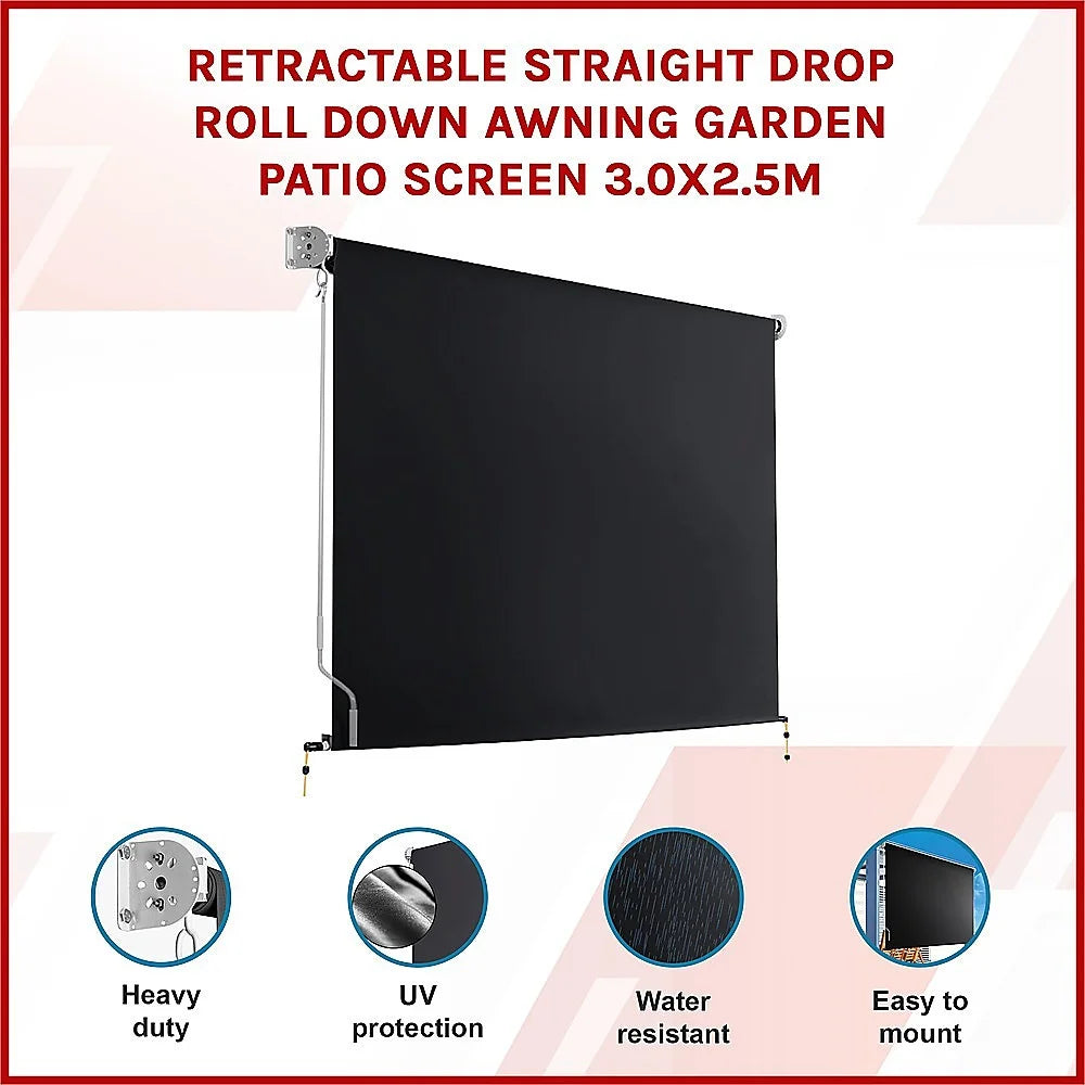 Retractable straight drop with roll down awning patio