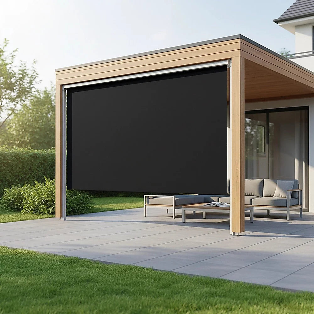 Outdoor awning retractable with straight drop roll down patio