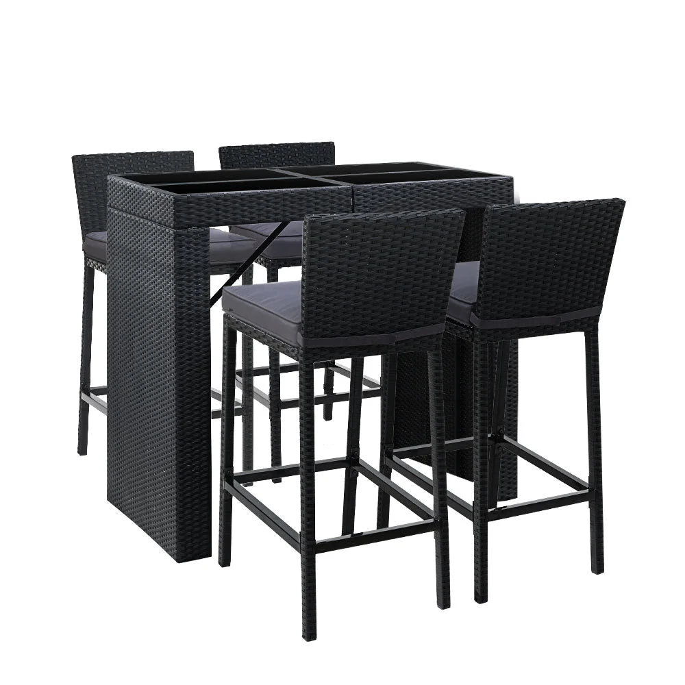 Rattan bar table set with table legs and matching bar stools