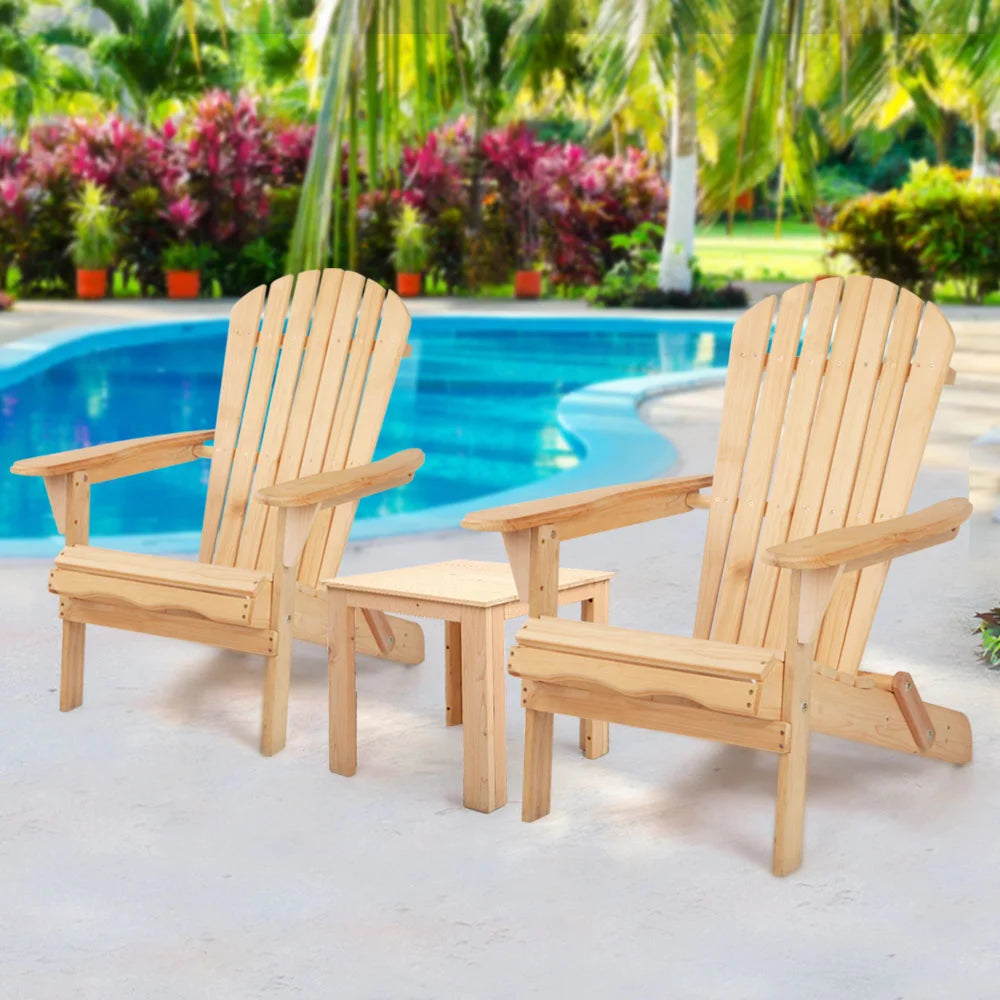 Outdoor Beach Chair and Table Set - 3 Piece Wooden - Outdoor