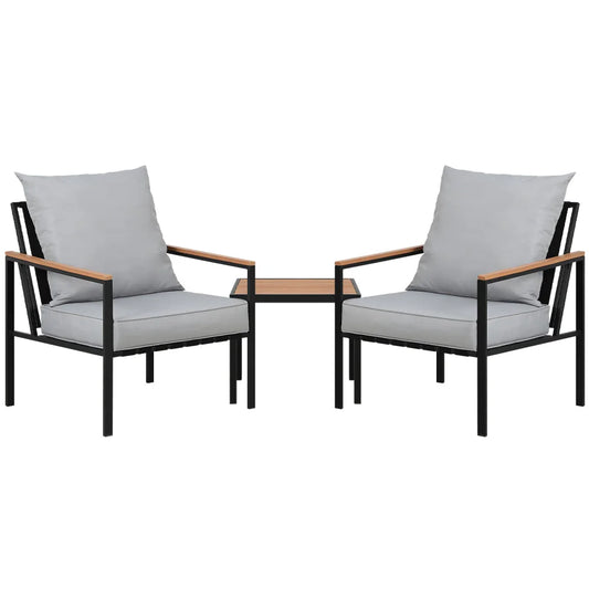 Black table with outdoor bistro lounge chairs