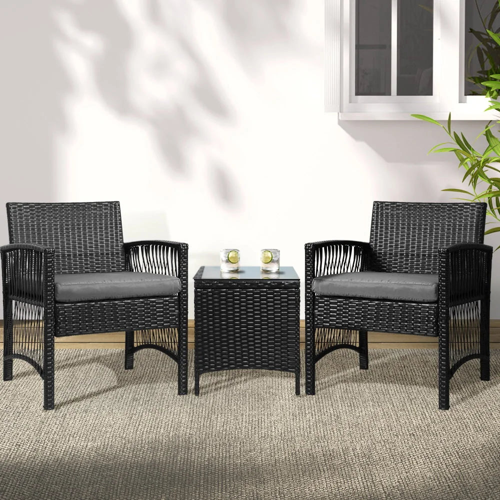 Black wicker 3 dining table with outdoor bistro patio chairs