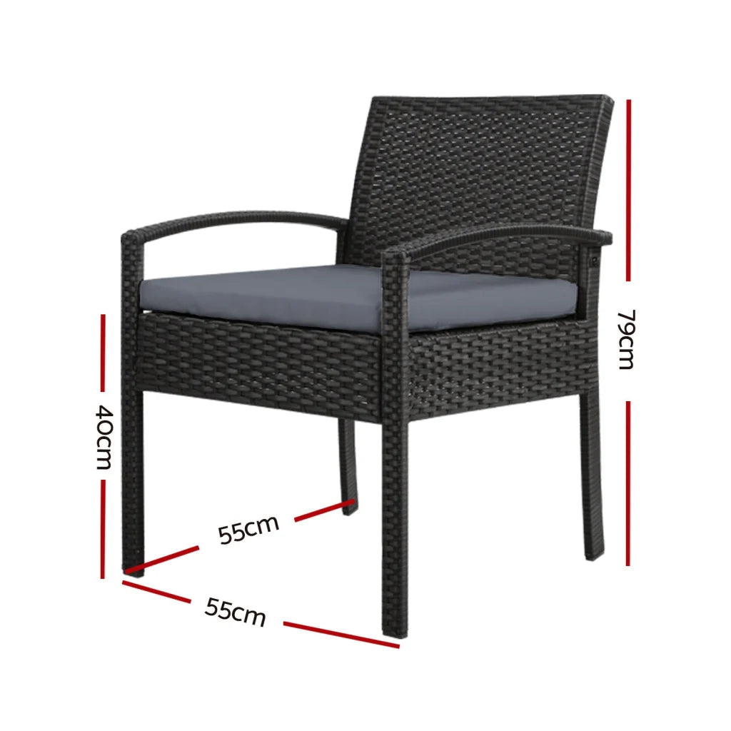Black wicker outdoor bistro chair with mesh backrest and caster base