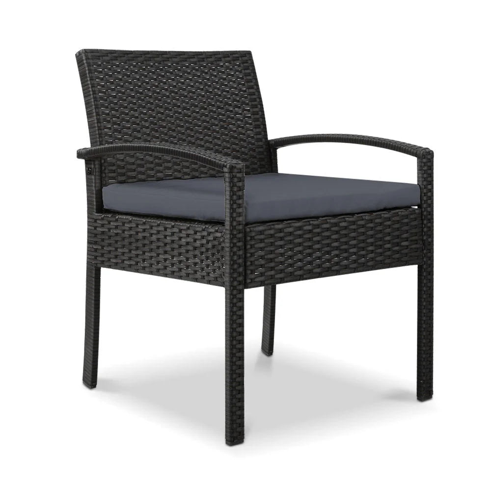 Black wicker outdoor bistro chair with cushioned seat and backrest