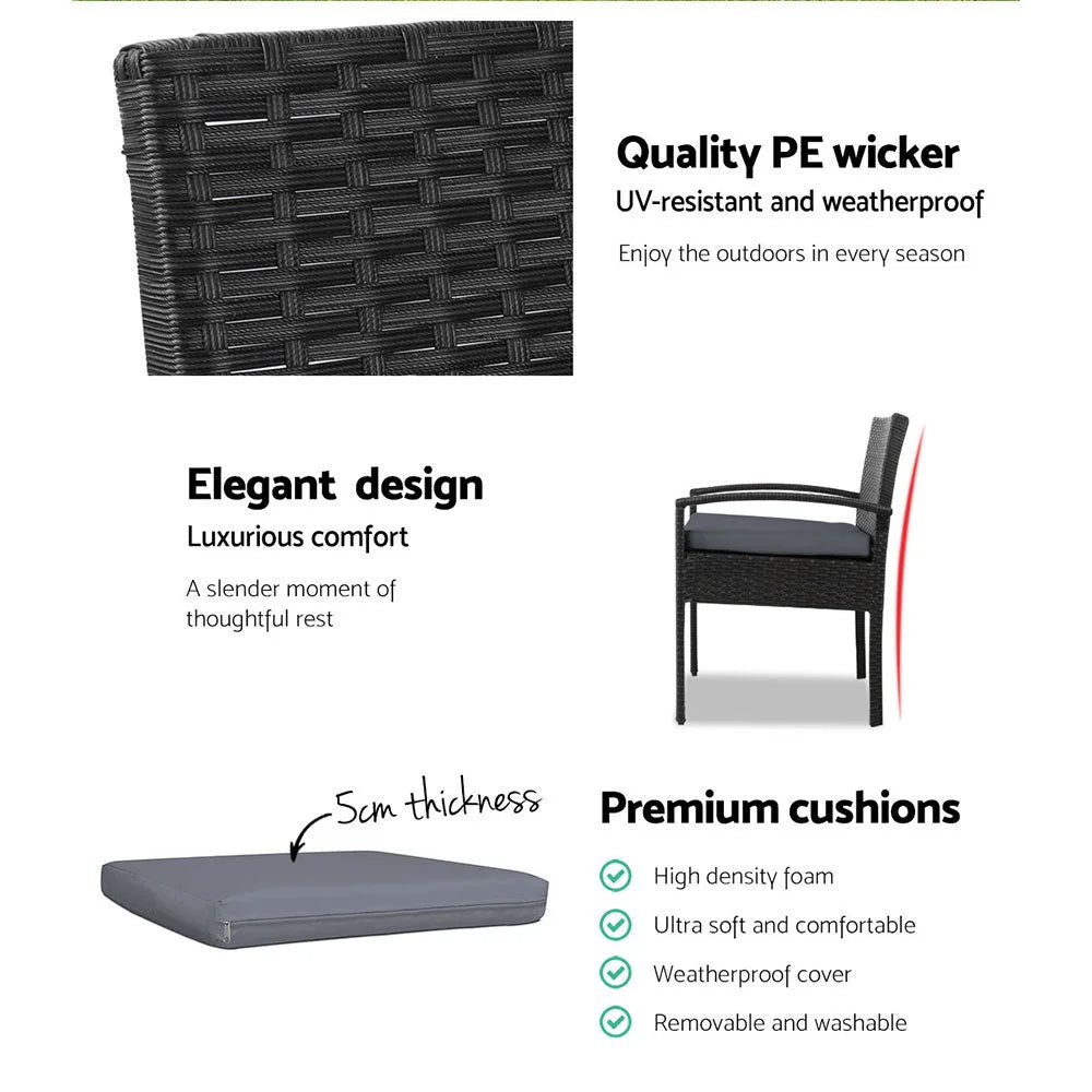 Black wicker outdoor bistro chair with hanging seat and curved stand frame