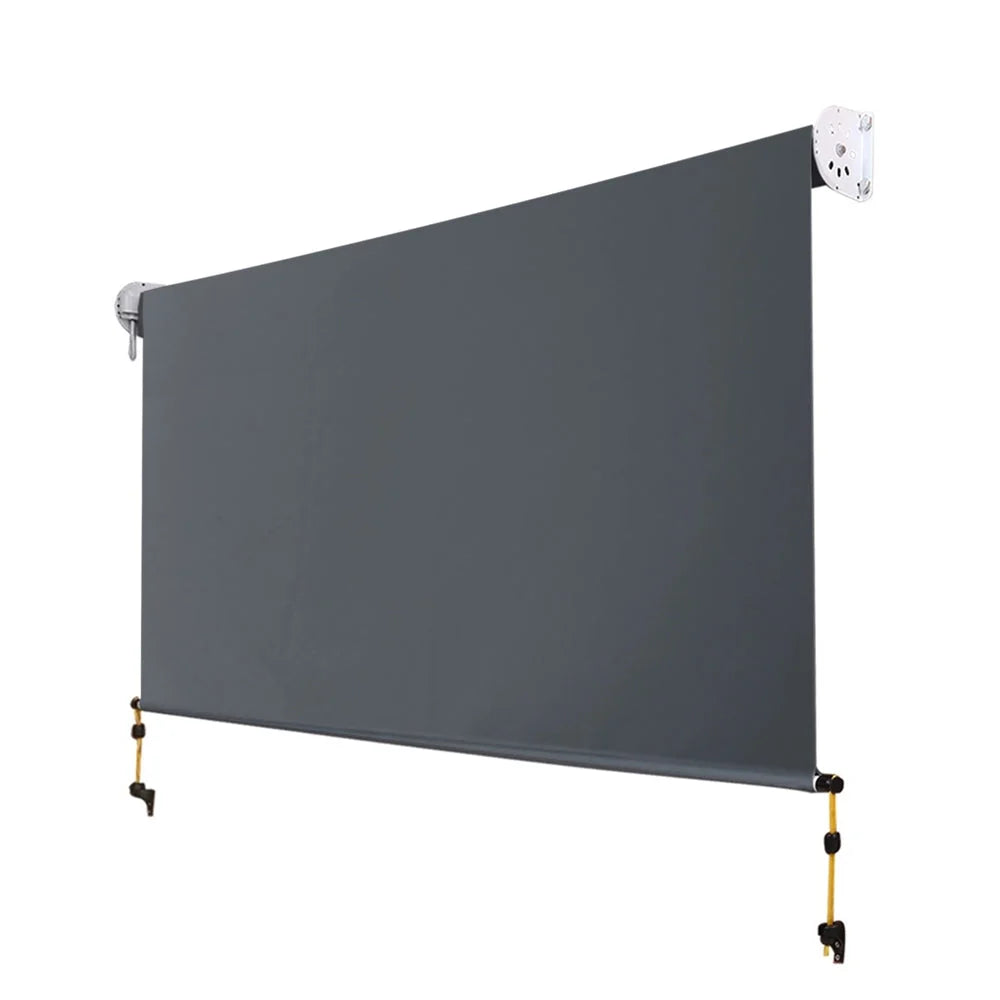 Grey 8x2 window door awning with canopy sheet and black metal brackets