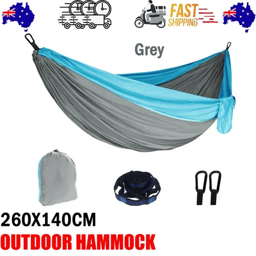 Grey 260x140cm outdoor hammock with fabric hammock bed and hanging ropes